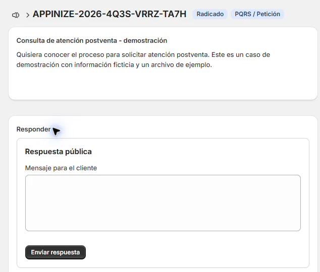 CX Care dentro de Shopify: caso radicado y campo para redactar una respuesta pública.